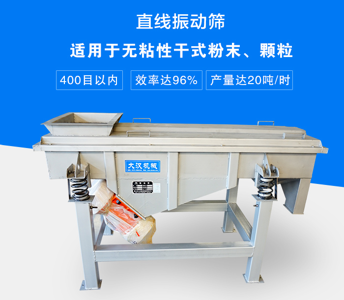 直線振動(dòng)篩適用于無粘性干式粉末、顆粒，產(chǎn)量達(dá)20噸/時(shí)