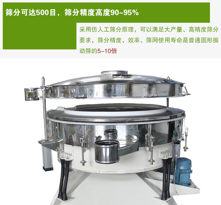 搖擺篩分機(jī)采用仿人工篩分原理，可以滿足大產(chǎn)量、高精度篩分 要求，篩分精度、效率、篩網(wǎng)使用壽命是普通圓形振 動(dòng)篩的5-10倍